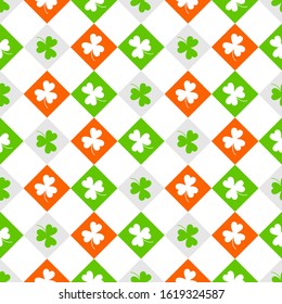 Pattern for the feast of St. Patrick on an isolated background. Bright colors are light green, orange, white, and the flag of Ireland. Clover in a square. Flat design. Vector.