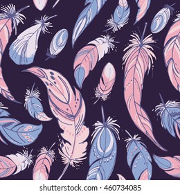 Pattern feathers and beads. Native american indian dream catcher, traditional symbol. Feathers and beads on color background. Vector decorative elements hippie. Color rose quartz, serenity.