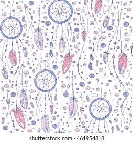 Pattern feathers and beads. Native american indian dream catcher, traditional symbol. Feathers and beads on color background. Vector decorative elements hippie. Color rose quartz, serenity.
