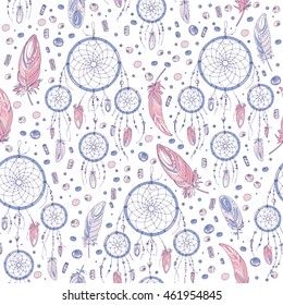 Pattern feathers and beads. Native american indian dream catcher, traditional symbol. Feathers and beads on color background. Vector decorative elements hippie. Color rose quartz, serenity.
