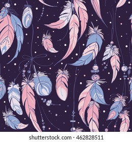 Pattern feathers and beads. Native american indian dream catcher, traditional symbol. Feathers and beads on color background. Vector decorative elements hippie. Color rose quartz, serenity.