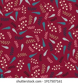 Pattern with feathers and branches on red background. Cartoon style vector endless texture. 