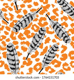 pattern of feathers in different positions on animal print background