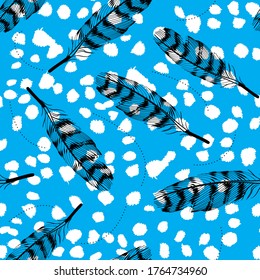 pattern of feathers in different positions on blue background