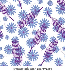 pattern of feathers in different positions on daisy background.

