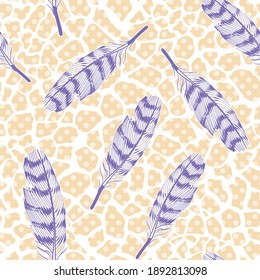 pattern of feathers in different positions on animal print background	