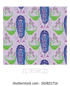 Pattern with feathers and lilac. Pattern can be used for wallpaper, pattern fills, web page background, surface textures.