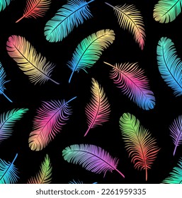 Pattern with feathers. Multi-colored feathers on a black background. Seamless pattern.