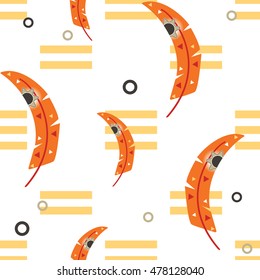 Pattern feathers. Seamless pattern in native style. Bright colored feathers and beads on white background. Vector decorative elements.