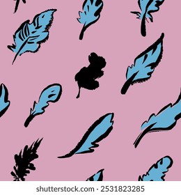 Pattern of feathers, vector, isolated, hand draw ink like doodle. With texture and brush strokes 