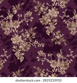 The pattern features clusters of stylized flowers and leaves in a light, desecrated green or off-white color.
