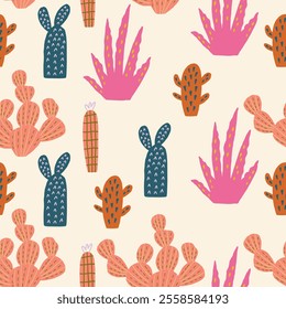 Pattern features colorful cacti and succulents on bright background colors. Vector hand drawn surface design