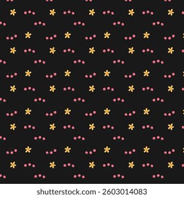 

The pattern features a dark background with a repeating motif of small yellow stars and pink dots.