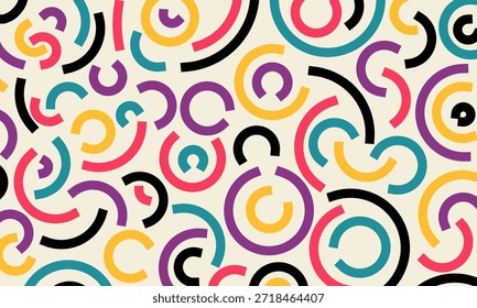 Un patrón presenta una disposición dinámica de arcos y círculos coloridos sobre un fondo vibrante. El diseño tiene un toque contemporáneo y lúdico, ideal para varios proyectos creativos.