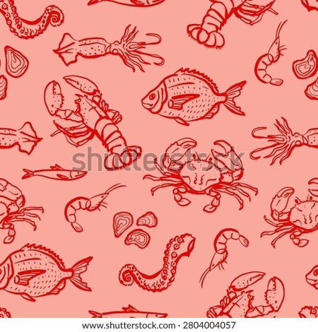 Pattern features hand drawn seafood illustrations, including fish, lobster, crab, and squid, set against a coral background, perfect for Mediterranean themes.