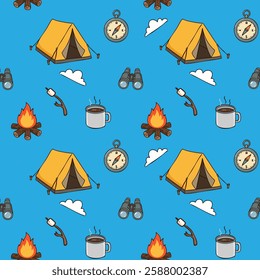 The pattern features hand-drawn icons of tents, compasses, binoculars, campfires, marshmallows, mugs, and clouds, all in a fun and whimsical style. 