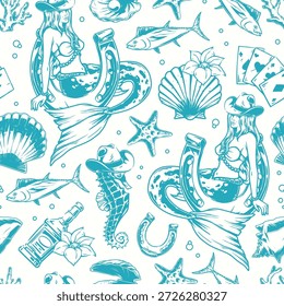 Pattern features mermaids wearing cowboy hats surrounded by ocean elements like fish seashells and starfish. Perfect for coastal decor or beach-themed projects.