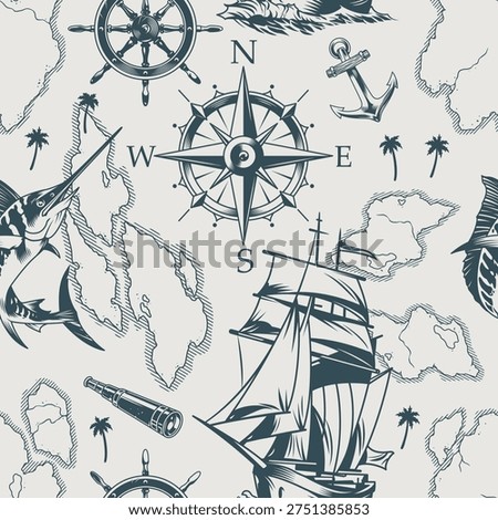 Pattern features nautical symbols like a ship compass anchor and marlin alongside islands and palm trees. This design combines various sea-themed objects for a unique look.