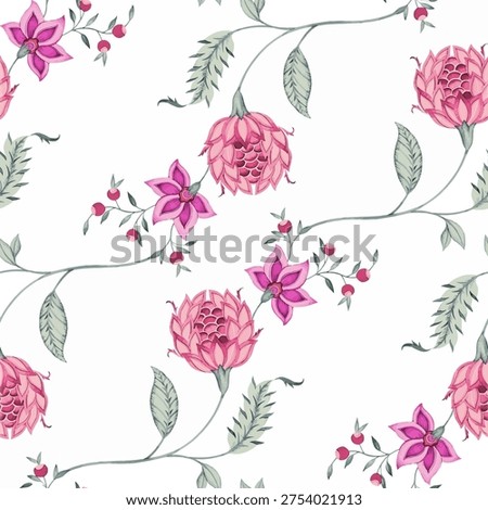 The pattern features a repeating design of pink flowers and leaves in various shapes and sizes. The flowers are depicted with petals, and some have stems or branches connecting them to other flowers or leaves. The leaves are also in different shapes, including oval and teardrop shapes. The flowers and leaves are in shades of pink and green, while the stems are light green.