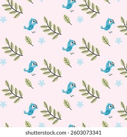 The pattern features a repeating design of small, light blue birds facing left, interspersed with green fern-like branches and small white, cloud-like shapes, all set against a light pink background. 