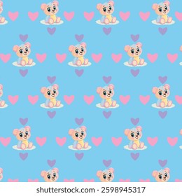 The pattern features a repeating design of a stylized bear sitting with its legs crossed, interspersed with small pink hearts on a blue background. T