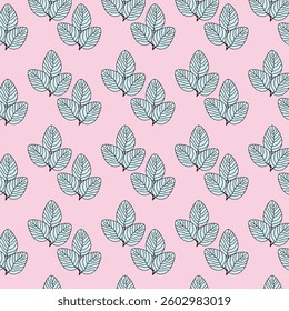 The pattern features a repeating design of stylized leaves arranged diagonally across a pink background.