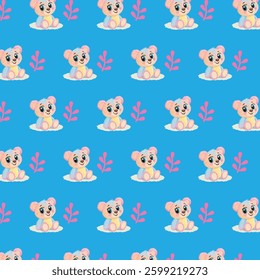The pattern features a repeating design of teddy bears and small floral elements against a light blue background. 