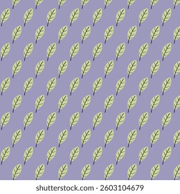 The pattern features a repeating motif of small, stylized leaves or feathers arranged diagonally across a light purple background. 