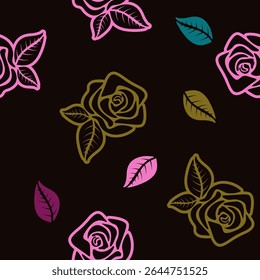El patrón presenta rosas y hojas estilizadas, con contornos de diferentes colores (rosa, oro oscuro, verde azulado, púrpura oscuro) sobre un fondo negro.  Cada rosa y cada hoja son consistentemente dimensionadas y moldeadas.