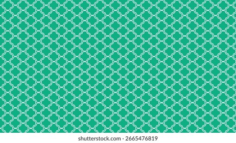 Pattern features a teal background with a white geometric lattice of interlocking quatrefoil shapes, creating a clean, airy, symmetrical, and classic design with a stylish vibe.