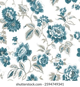 The pattern features a variety of stylized flowers, shade of red, pink, cyan, blue, green, yellow. Some flowers are larger, more peony like blooms, with layers or ruffles in the petals, and a lighter.