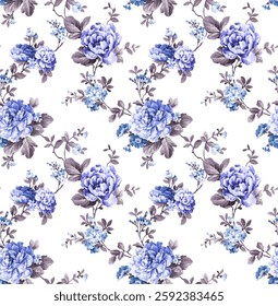 The pattern features a variety of stylized, light-purple and blue flowers, arranged in bouquets with stems and leaves that are a muted gray-purple The flowers are detailed, with discernible petals.