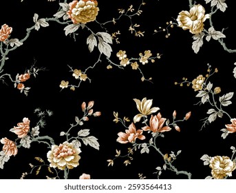 The pattern features various flowers in muted shades of green and light gray beige The flowers are arranged on stylized, branching stems, imparting a sense of a botanical or floral design. 