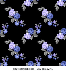 The pattern features various shades of green, blue, pink, cyan, yellow and red roses, and small, complementary flowers.  Grey-toned leaves are incorporated into the design, adding depth and texture.