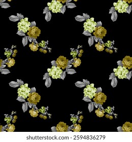 The pattern features various shades of green, blue, pink, cyan, yellow and red roses, and small, complementary flowers.  Grey-toned leaves are incorporated into the design, adding depth and texture.