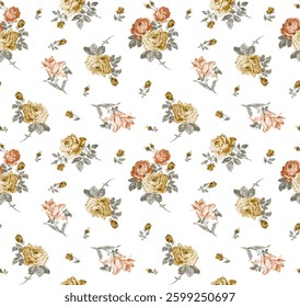 The pattern features various shades of multicolor roses, arranged in bouquets. The roses vary in size and are positioned in different ways, with the stems and leaves providing a natural flow.