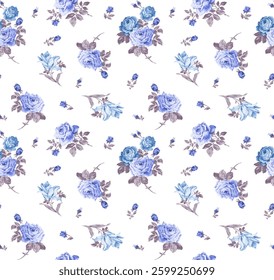 The pattern features various shades of multicolor roses, arranged in bouquets. The roses vary in size and are positioned in different ways, with the stems and leaves providing a natural flow.