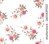 The pattern features various shades of roses, as well as a stylized lily like flower. The roses come in various stages of bloom, from fully open to buds. The petal details are rendered soft shading.