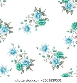 The pattern features various shades of roses, as well as a stylized lily like flower. The roses come in various stages of bloom, from fully open to buds. The petal details are rendered soft shading.