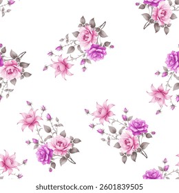 The pattern features various shades of roses, as well as a stylized lily like flower. The roses come in various stages of bloom, from fully open to buds. The petal details are rendered soft shading.