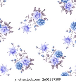 The pattern features various shades of roses, as well as a stylized lily like flower. The roses come in various stages of bloom, from fully open to buds. The petal details are rendered soft shading.