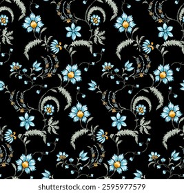The pattern features various small, stylized flowers in shades of green, blue, cyan, pink, yellow, red with a golden yellow center. curving stems or vines that are a muted gray-green.
