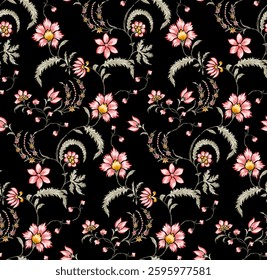 The pattern features various small, stylized flowers in shades of green, blue, cyan, pink, yellow, red with a golden yellow center. curving stems or vines that are a muted gray-green.