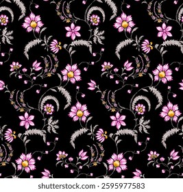 The pattern features various small, stylized flowers in shades of green, blue, cyan, pink, yellow, red with a golden yellow center. curving stems or vines that are a muted gray-green.