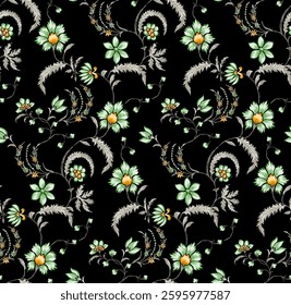 The pattern features various small, stylized flowers in shades of green, blue, cyan, pink, yellow, red with a golden yellow center. curving stems or vines that are a muted gray-green.
