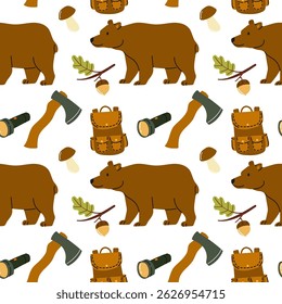 Pattern featuring bears, camping gear, and nature elements in a playful design