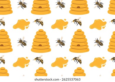 Pattern featuring beehives and bees with honey droplets on a white background