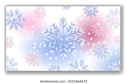 A pattern featuring blue and pink snowflakes on a gradient background with soft hues of pink and blue. This design conveys a winter and holiday theme. Vector illustration