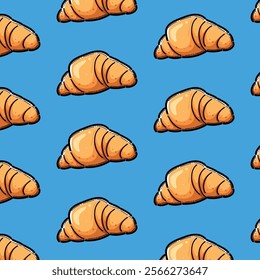 Pattern featuring cartoon croissants arranged evenly on a bright blue background, creating a cheerful design suitable for textiles, wallpapers, or food themed materials.