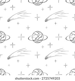 Pattern featuring cosmic starry universe. Hand drawn doodle style sketch, cute background with planets, stars, and comets.